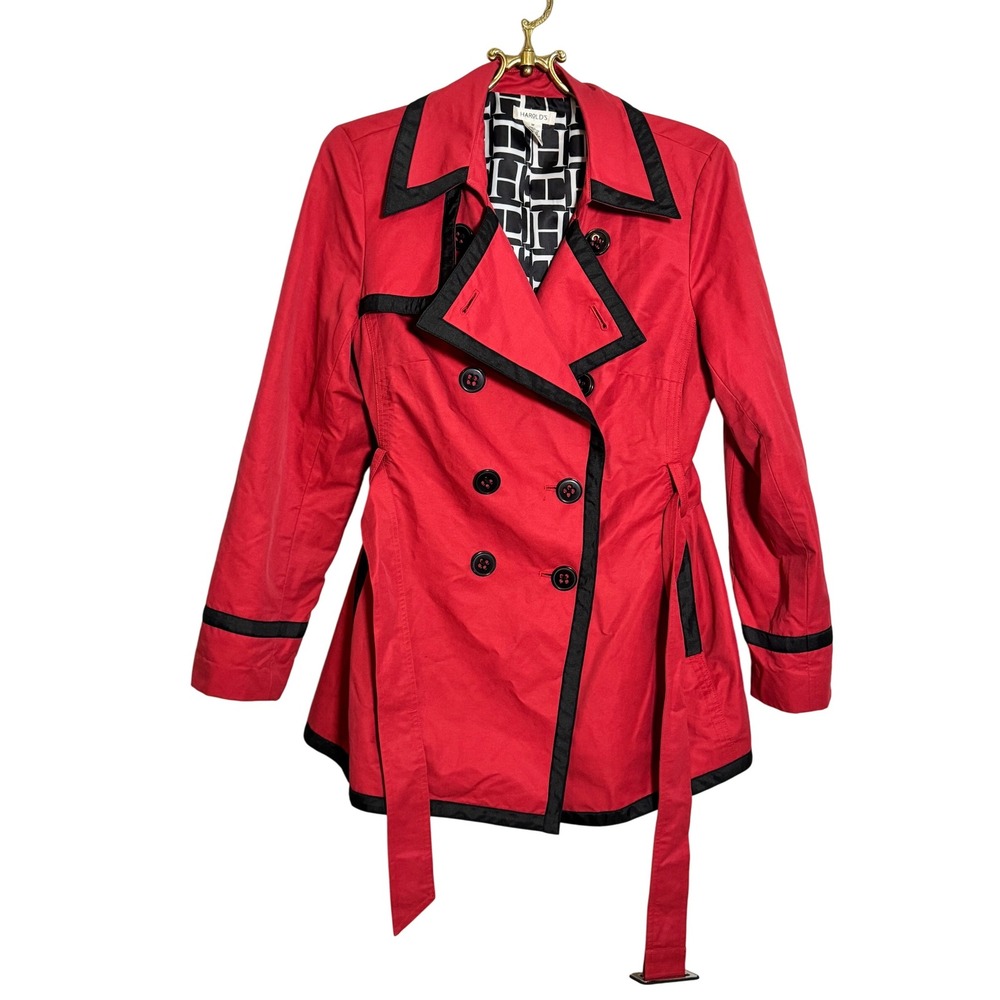 Harold's Red Cotton Nylon‎ Belted Trench Coat Women's Medium Black Trim